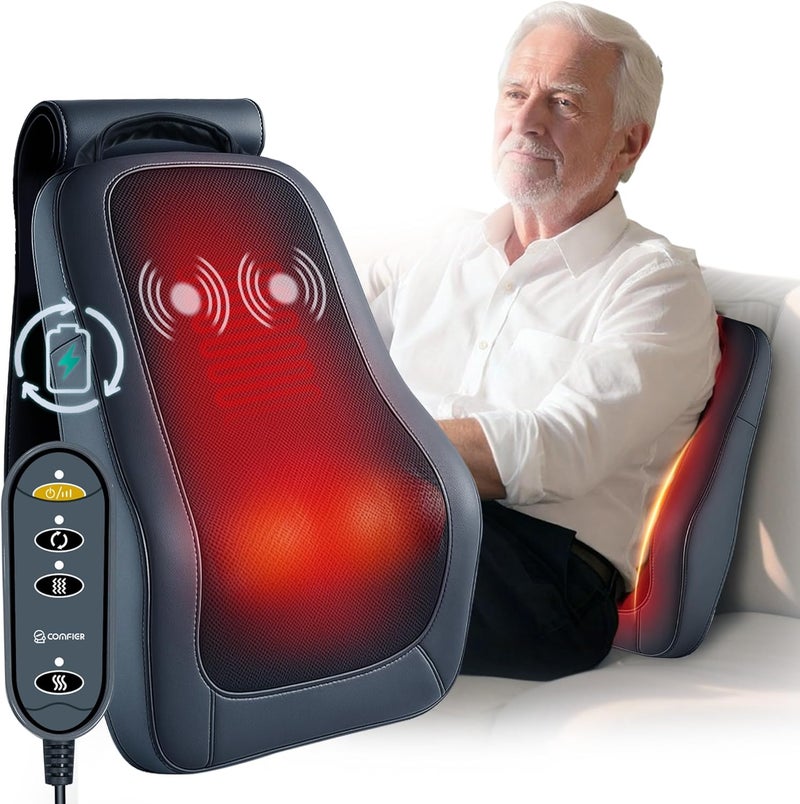 COMFIER مدلك عنق وظهر كهربائي بدون سلك مع حرارة، مدلك عنق قابل للشحن لتخفيف الألم في الأنسجة العميقة، مدلك أسفل الظهر مع اهتزاز، وسادة مدلك للمنزل، هدية للرجال والنساء - Image 1